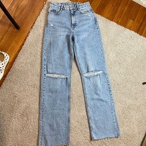 Zara Distressed Wide Leg Flare Light Wash Jeans